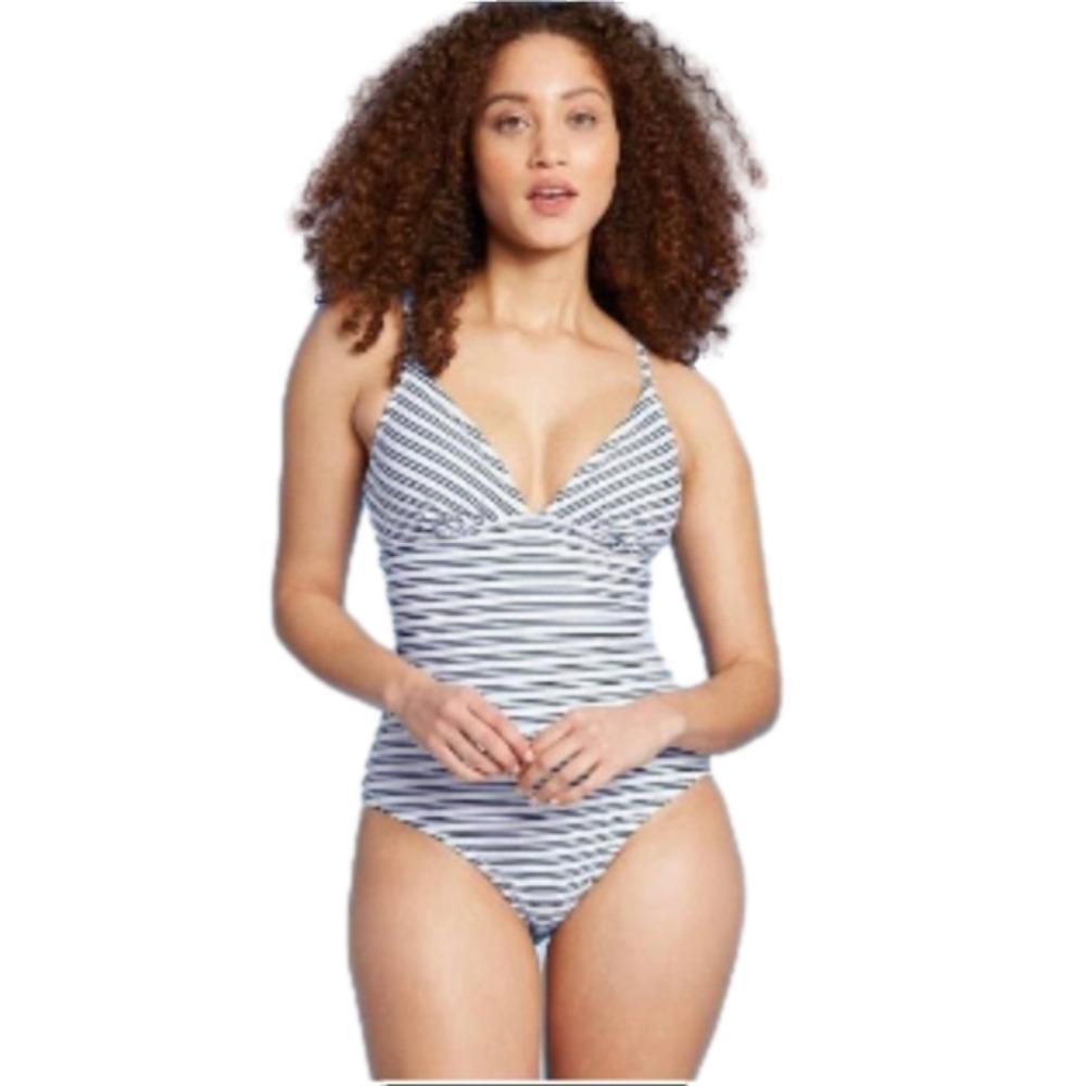 WOMEN'S Triangle High Coverage One Piece Swimsuit White/Blue Kona Sol Size xl